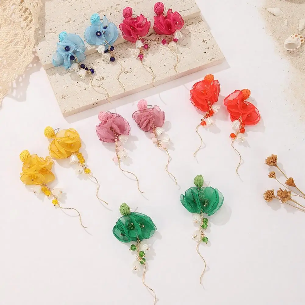 Comfortable Long Wear Earrings Handmade Boho Raffia Ball Flower Earrings Bohemian Chiffon Dangle Drop Jewelry Summer Beach