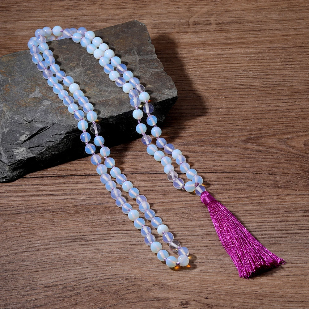 

OAIITE Vintage Handmade Opal Necklace for Men 108 Mala Beads Sparkling White Crystal Necklace Women Purifying Spiritual Jewelry