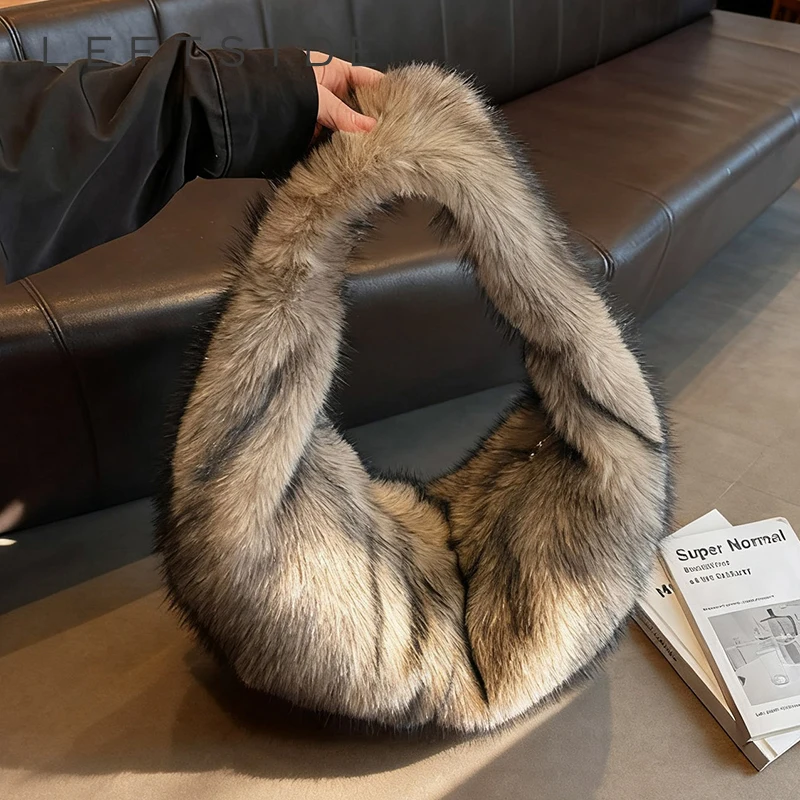 

LEFTSIDE Faux Fur Women Big Shoulder Bags 2025 Luxury Brand Designer New Handbags and Purses Soft Warm Winter Underarm Bag