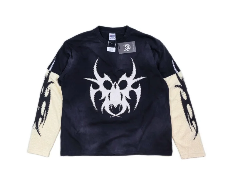 CHEW FOREVER Gothic Totem Fake Two Piece Long Sleeve T-shirt Men Vintage Washed Waffle Splicing Y2K Streetwear Tee