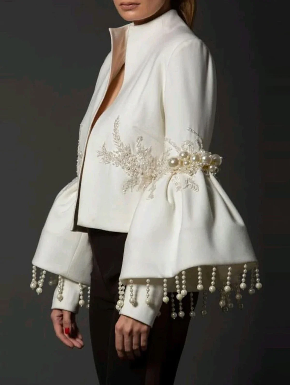 Women Pearl Tassel Jacket Elegant Vintage Fashion Stand Collar Pearl Fringed Decor Embroidery Flare Sleeve Coat Spring Outwear