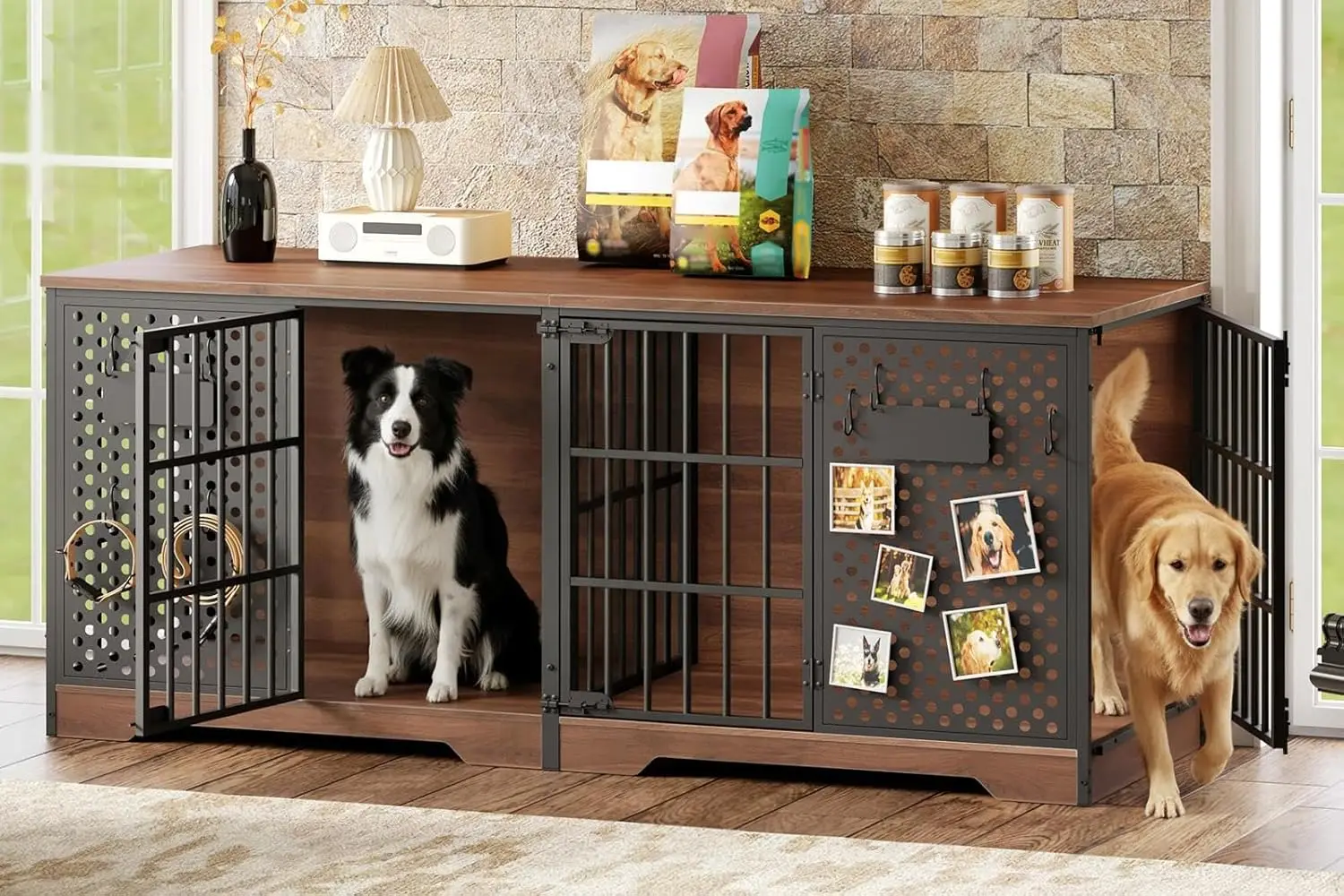 

71' Dog Crate Furniture for 2 Large Dogs, Heavy Duty Indoor Kennel with Removable Divider & Name Tags