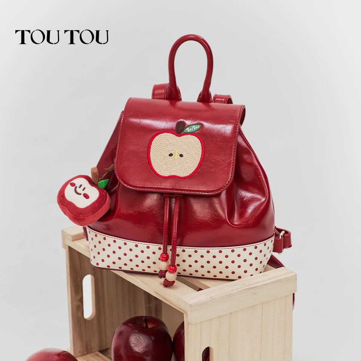 

toutou Red Apple Embroidery Backpack Travel Lightweight Small Christmas & New Year Gift Multi-way Large-Capacity Women's Bag