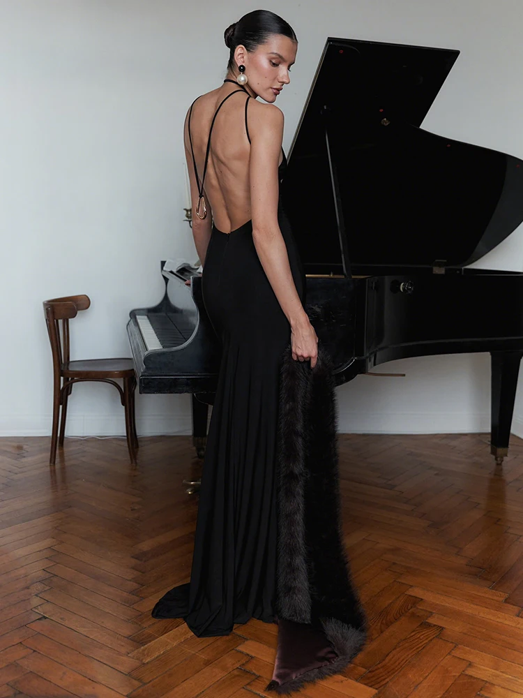 Kliou Sexy Backless Long Dress Woman o-Neck Off Shoulder Metal Ring Decoration Robe Midnight Prom Party Ruched Elegant Vestidos