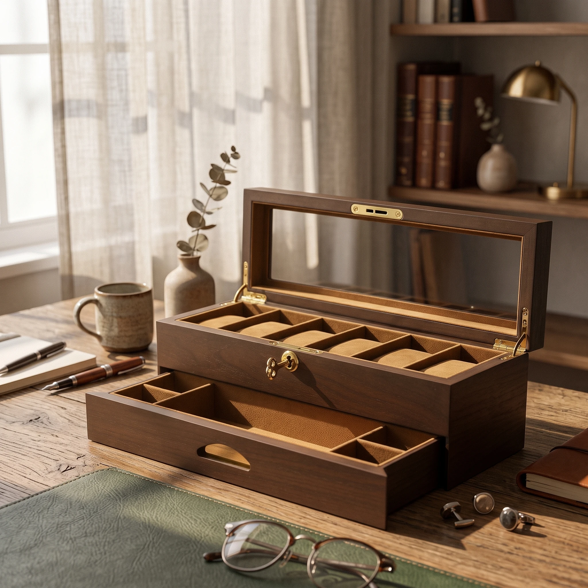 Jewelry Box with Drawer Lockable Watch Box with Glass Lid Two-Layer Watch Holder Transparent for Dresser, Vanity