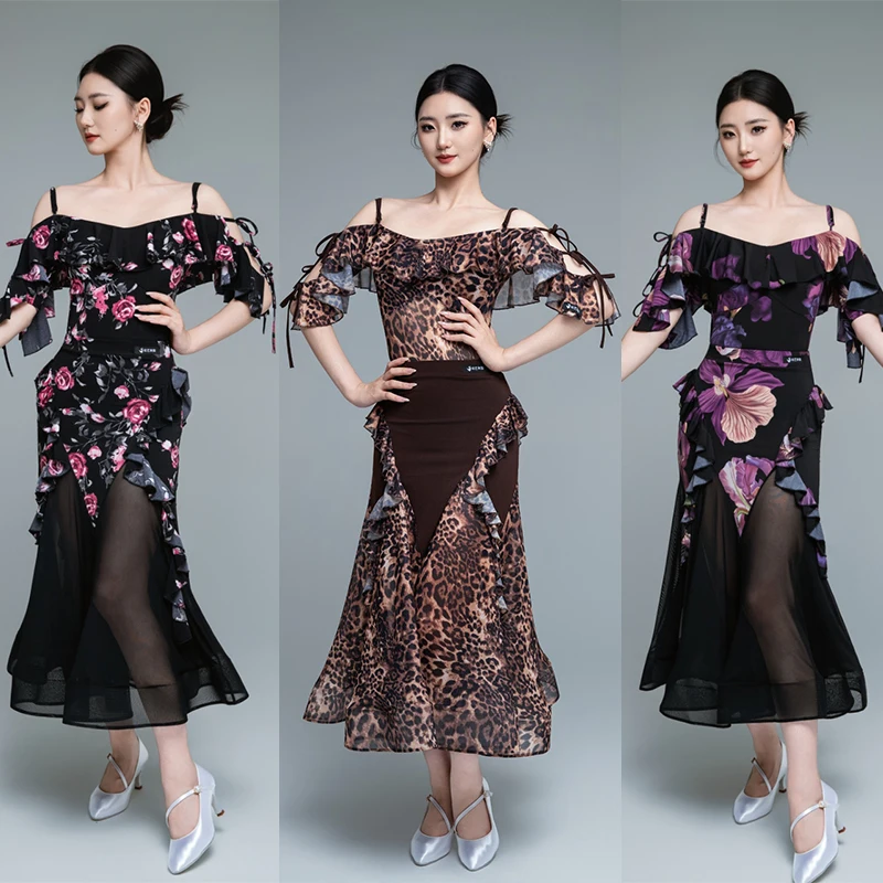 Valzer Abiti da ballo per sala da ballo Abito da prestazione per donna Top con spalle scoperte Gonna a rete Abbigliamento da competizione per ballo di fine anno Abito leopardato V24413