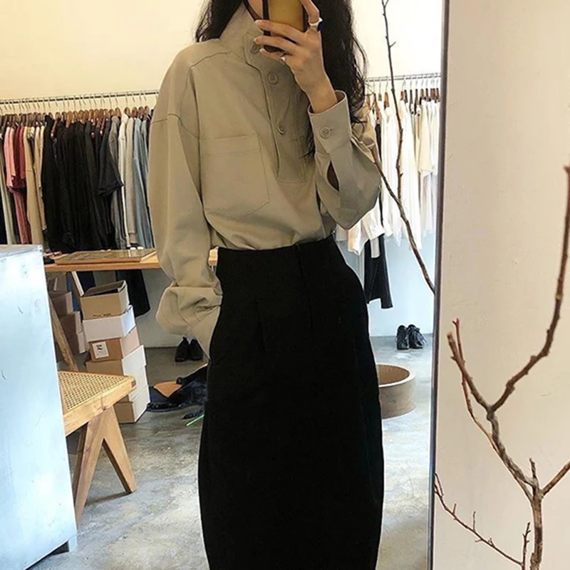 Y2k Harajuku Women Shirts Korean Loose Stand Collar Pockets Female Blouse Autumn Fashion All Match Chic Button Ladies Casual Top