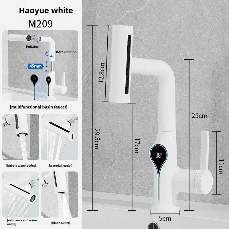 Waterfall Temperature Digital Display Basin Faucet Lift Up Down Stream Sprayer Hot Cold Water Sink Mixer Wash Tap For Bathroom