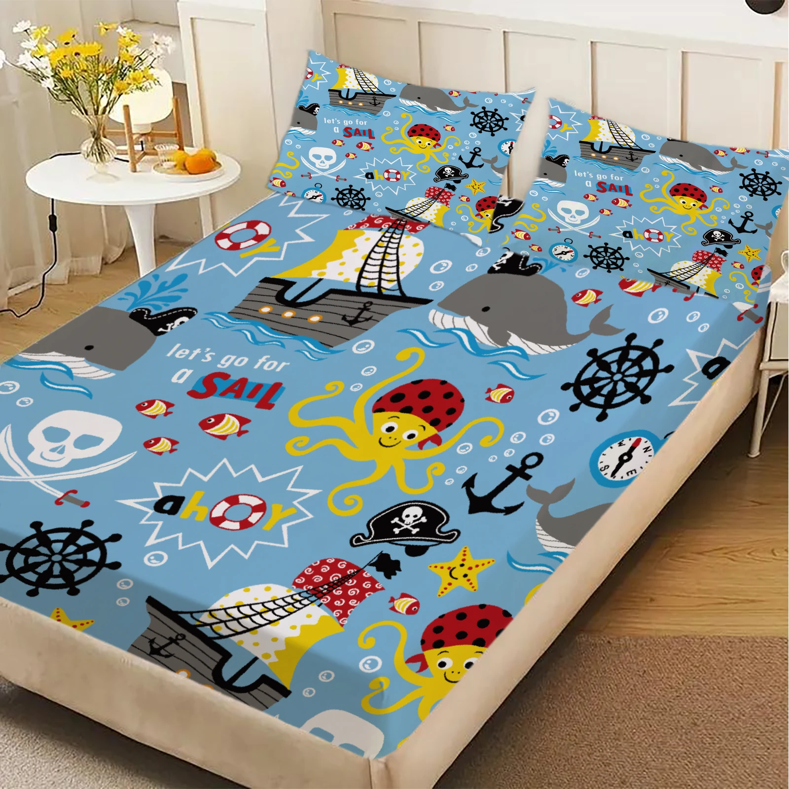 3pcs Playful Fitted Sheet For Children Cartoon Style Set Pirate Ship Octopus Whale Anchor Printed Bed Sheet With Pillowcases