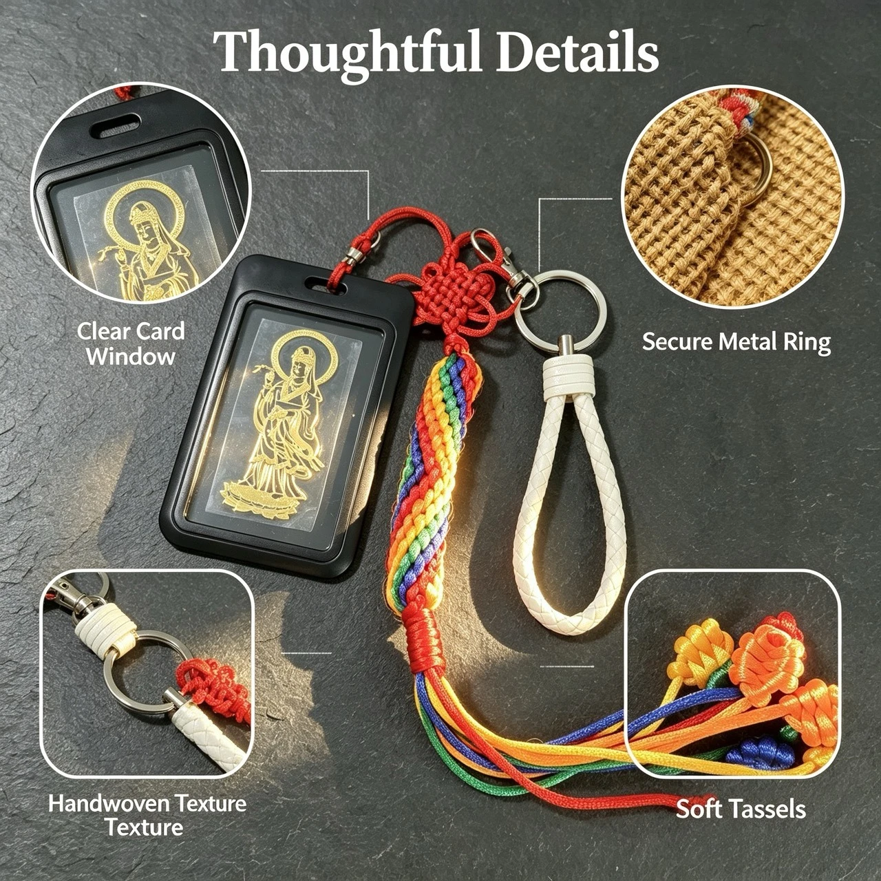 Vajra Knot Buddha Pattern Metal Phone Sticker Leather Lanyard Anti-lost Lucky Card Holder
