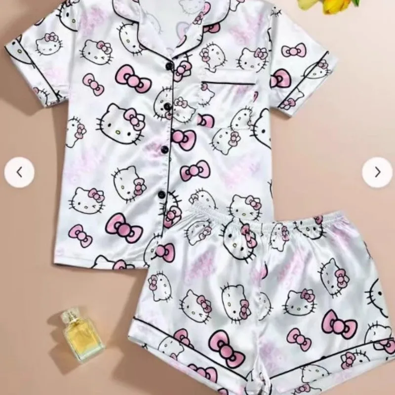 Hello Kitty piżama letnia dwuczęściowy zestaw kardiganów z krótkim rękawem spodenki urocze kreskówki ubrania domowe prezenty kawaii akcesoria damskie