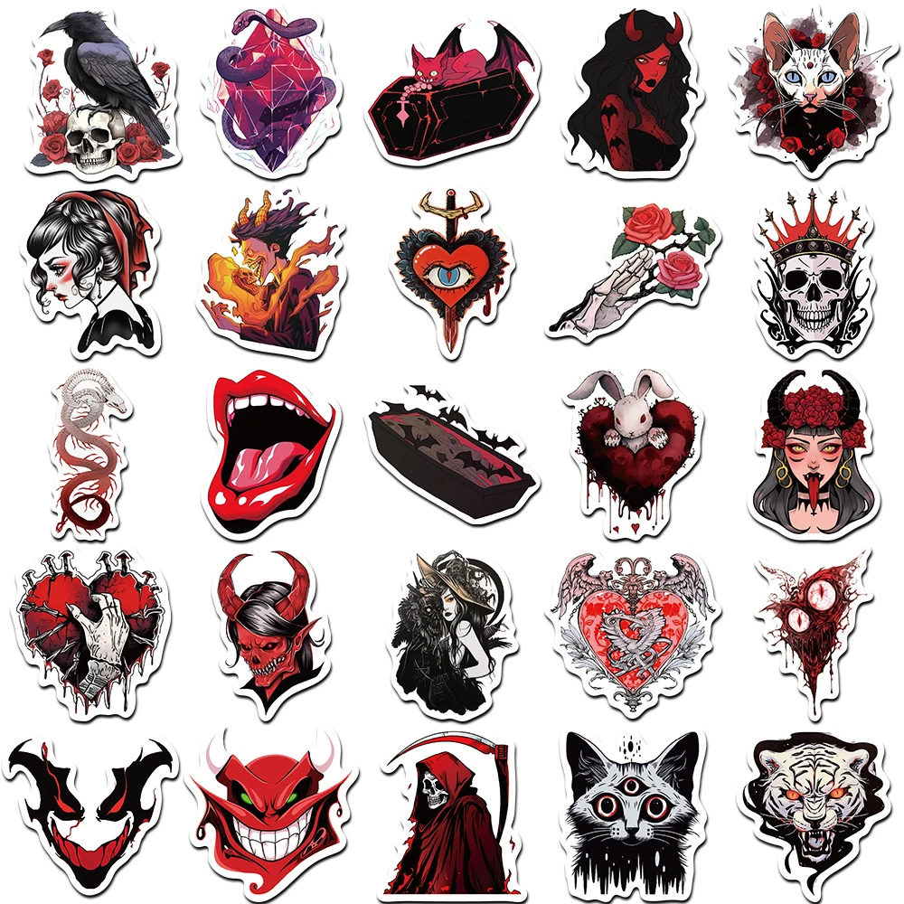 10/30/50pcs Art Red Cyberpunk Stickers Gothic Horror Graffiti Decal Skateboard Bike Laptop Scrapbooking Cool Cartoon Sticker Toy