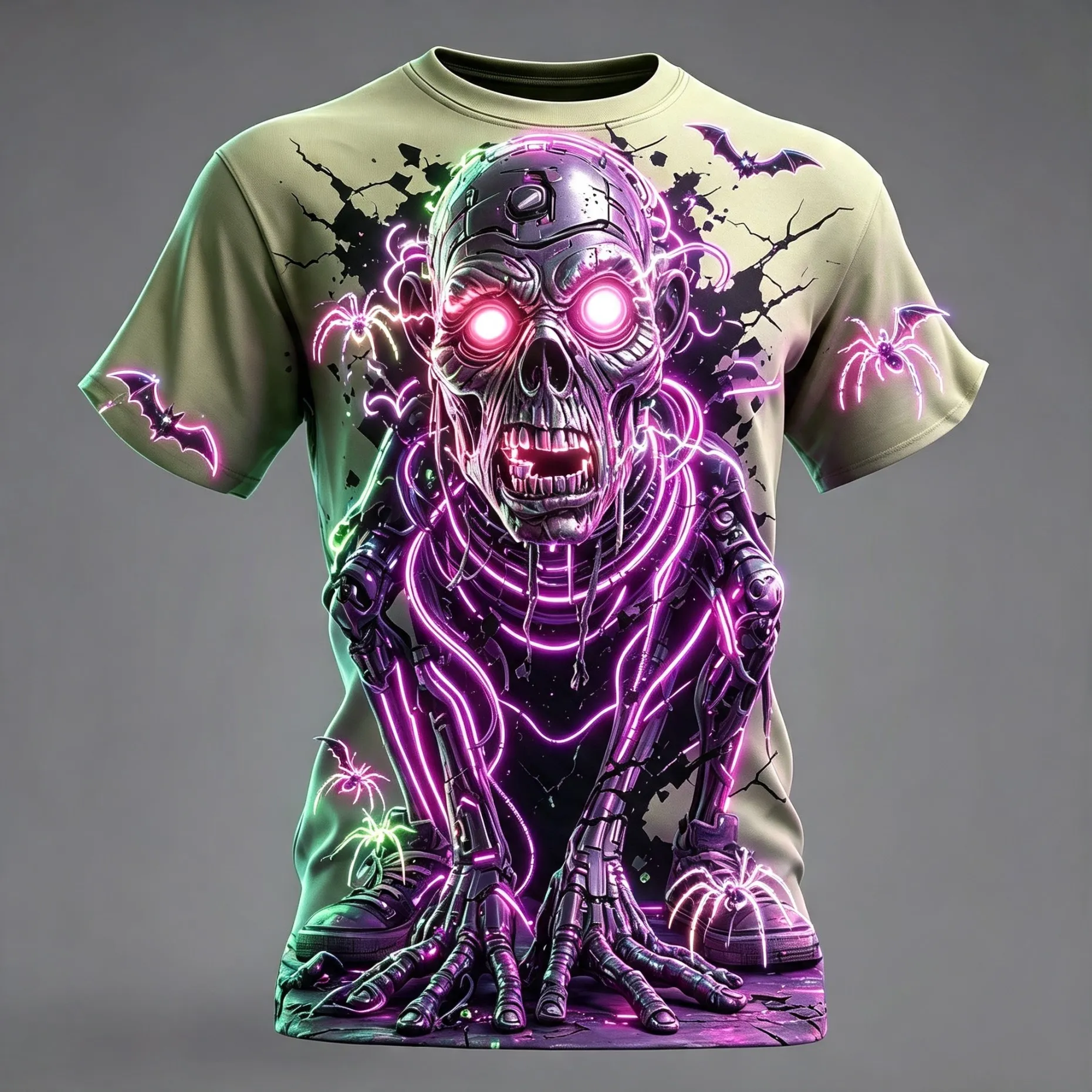 Men Fiery Mechanical Zombie Skull Spider Bat Crack Print Crew Neck Short Sleeve Oversized Punk Gothic Street Casual Top for Men
