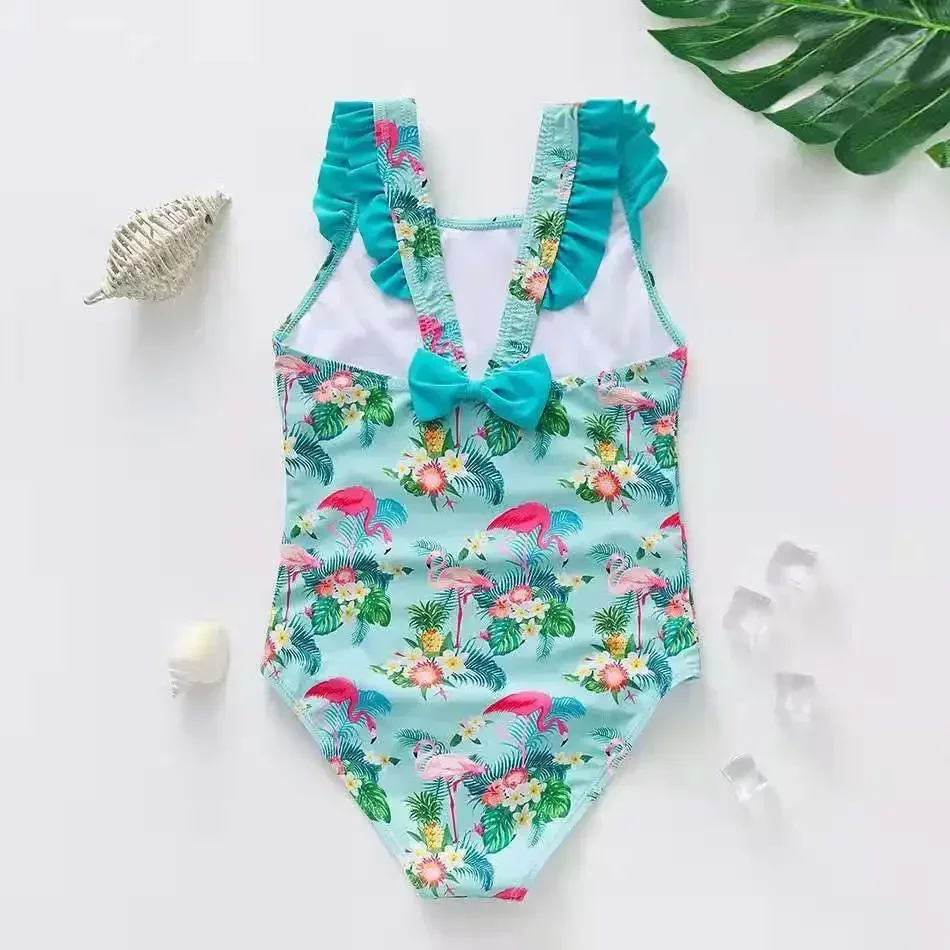 2-14 Years Girls Swimsuit 2023 New One Piece Swimwear Flamingo Ruffle Style Children\'s Swimwear One Piece Swimsuit