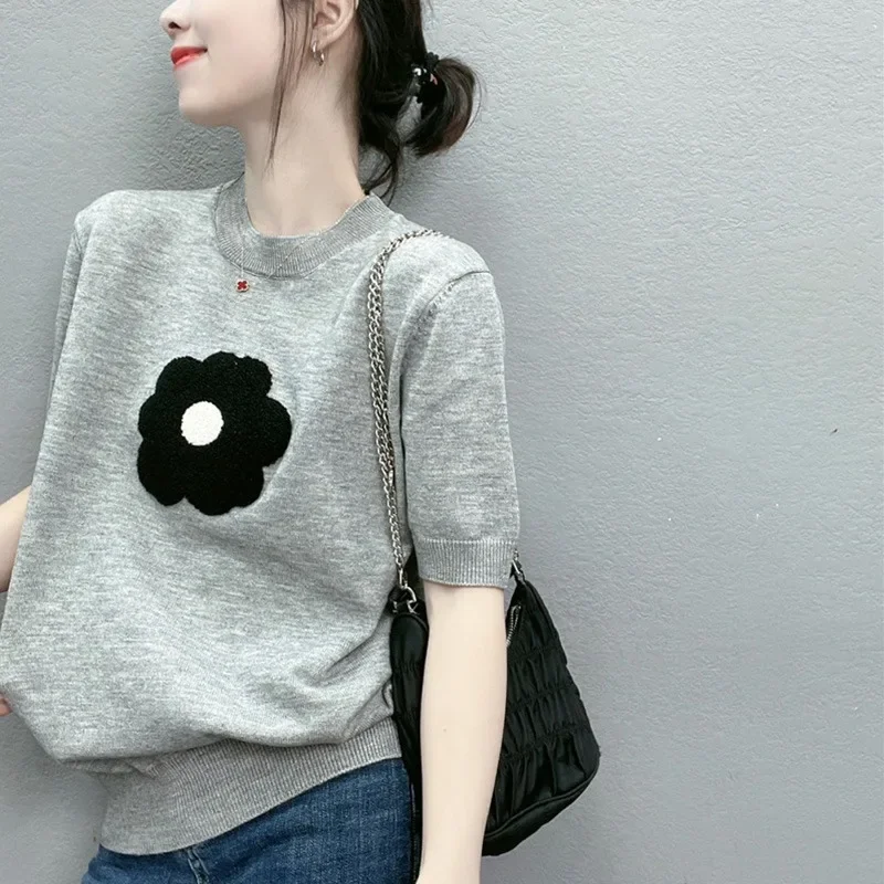 Pulôveres de manga curta femininos de malha floral suéteres verão solto novo nicho temperamento ol aconchegante moda ulzzang all-match topos