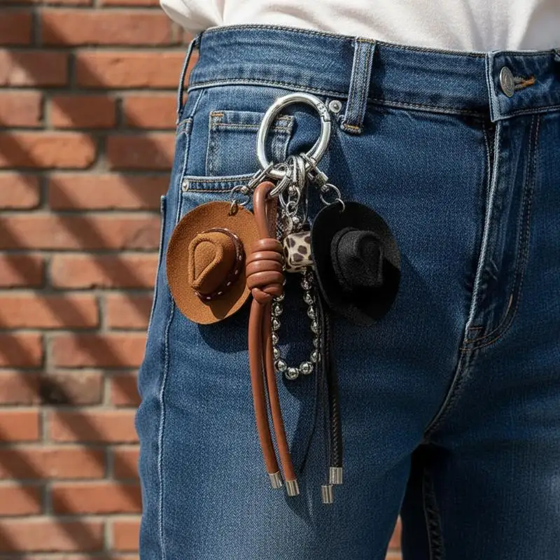 Glücksbringer Cowboyhut Schlüsselanhänger, handgeflochtenes Seil, Kunstleder-Anhänger, Western-Glücksbringer-Deko für Autoschlüssel, Geldbörse, Rucksack-Zubehör – Detail 2