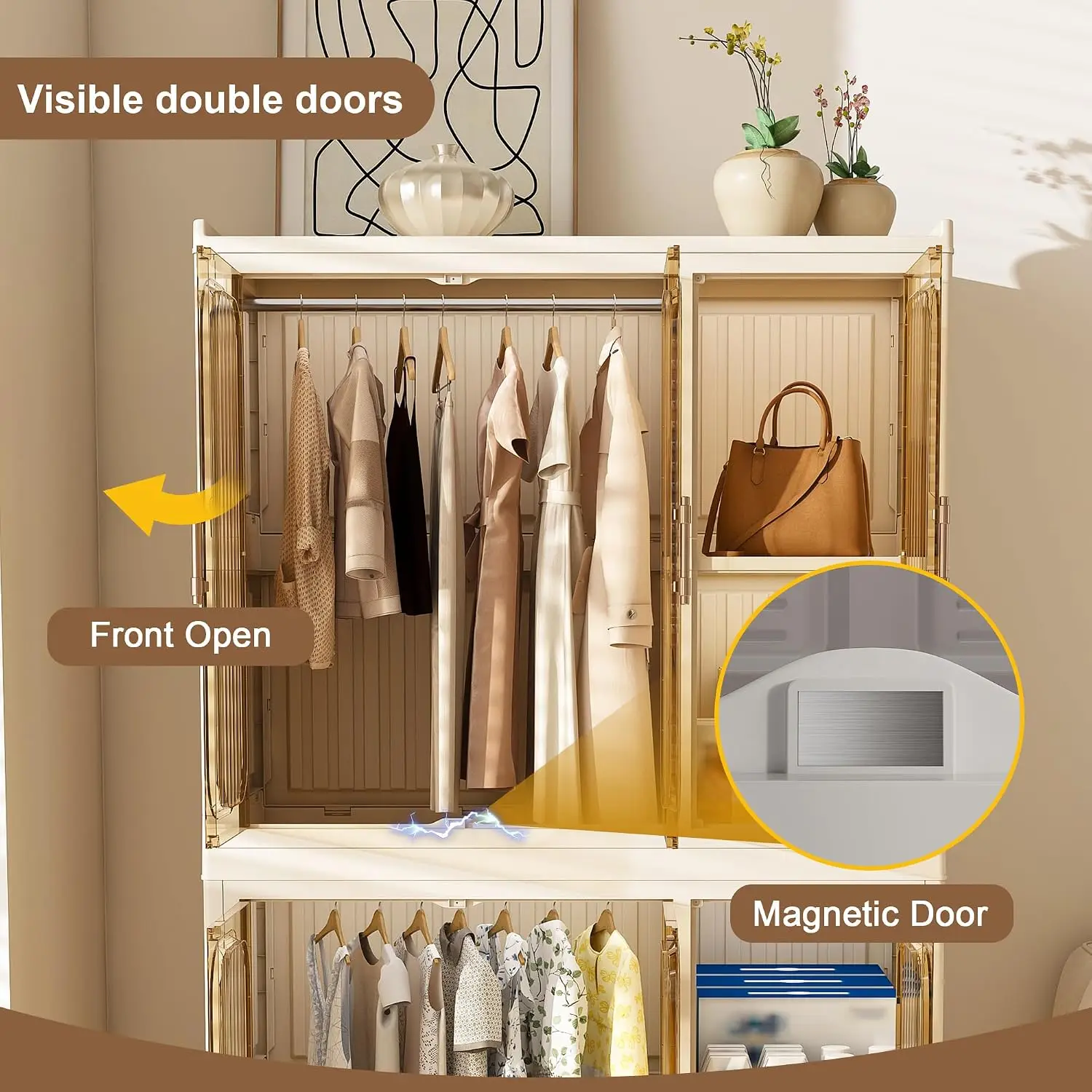 Portable Wardrobe Closet Storage Organizer for Clothes, Large Collapsible Plastic Wardrobe with Wheels, Foldable Clothes Storage view 3
