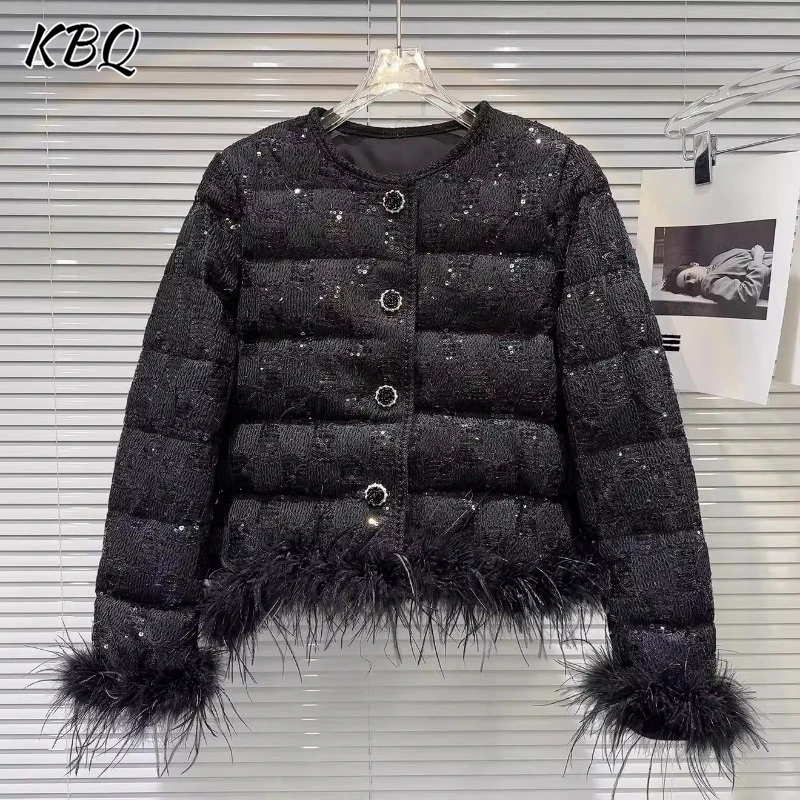 KBQ French Spliced Feather Loose Warm Jackets For Women Round Neck Long Sleeve Patchwork Single Breasted Down Coat Female New