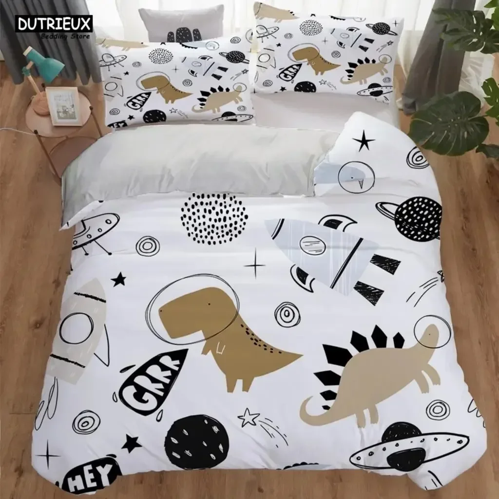 Cute Cartoon Dinosaur Print Comfortable Duvet Quilt Cover Pillowcase Bedding Set Children Bedroom Decoration Home Textile