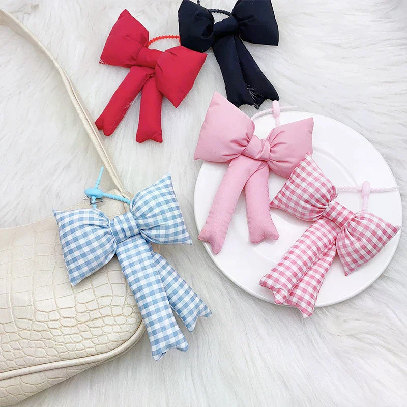 Keychain Fashion Checkered Bow Pendant Solid Color for Women Girls Cute Sweet Bag Decoration Accessories Gifts
