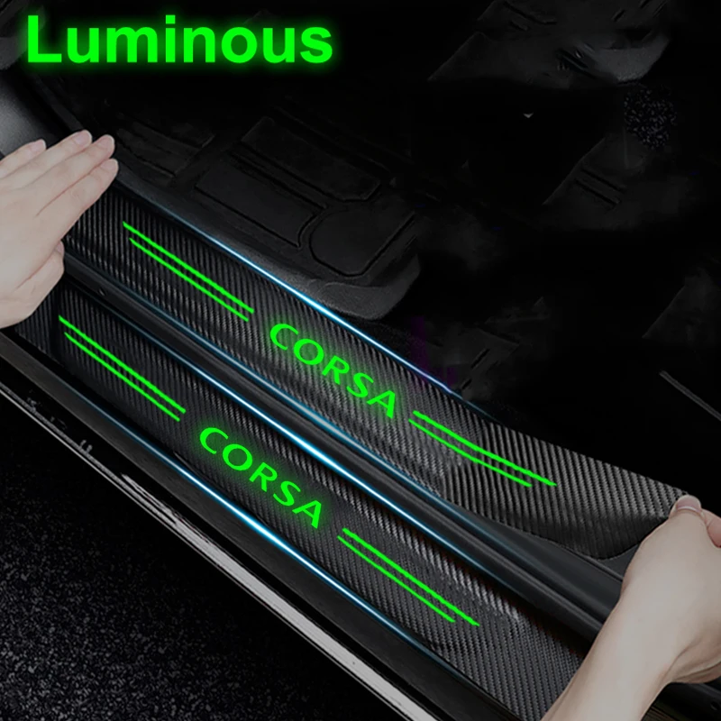 for Opel Corsa Badge Luminous Carbon Fiber Door Threshold Sill Scuff Plate Decals Protector Stickers Pedal Guards Strip Tape