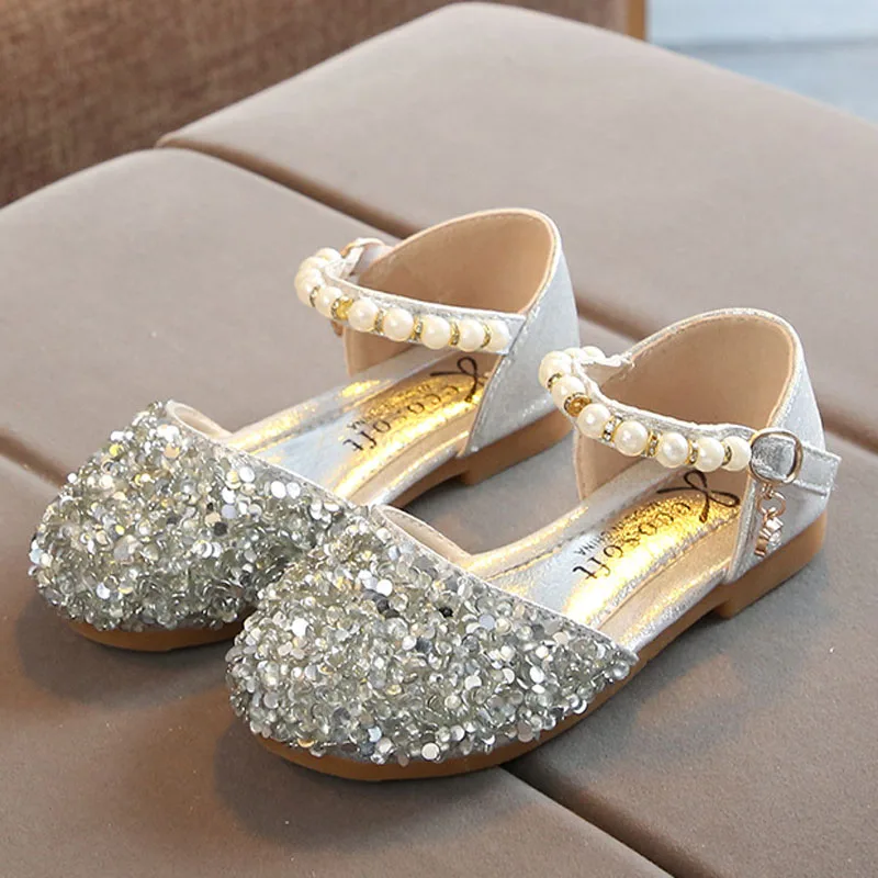 2024 Princess Girls Party Dance Shoes Student Flats Children Pearl Sequin Sandals Kids Performance Grand Event