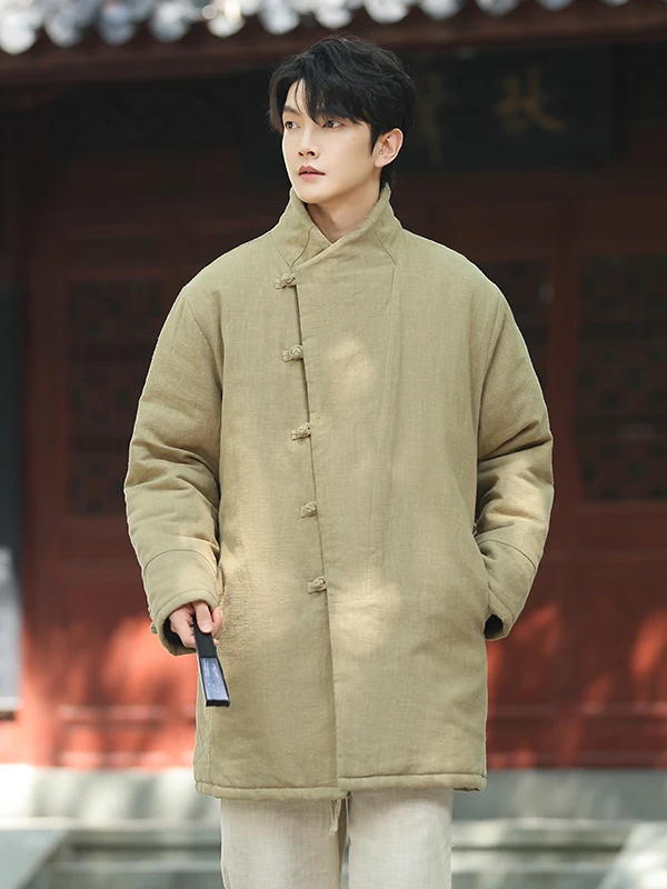 

Men's Mid-Length Cotton Jaet Stand Collar Tang Sle Warmth Outerwear Retro Cotton Clothes Chinese Ethnic Casual Wear