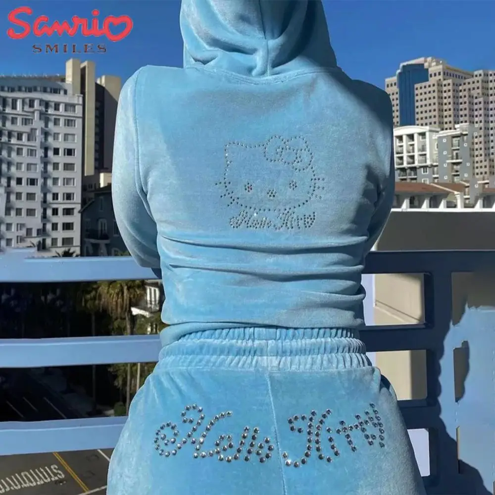 Anime 2Pcs Hello Kitty Women Velvet Hoodie Set Zipper Tops Sweatpants Sanrioed Kawaii Autumn Girl Rhinestones Sports Suit Trend