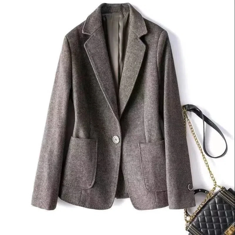 Dark Gray Thickened Suit Coat Women\'s Wool Coat 2022 Autumn Winter One Button Fashion Long Sleeve Woolen Suit Coat Female Blazer