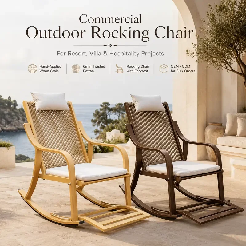 FLD1128 Contract Grade Outdoor Rocking Chair Aluminum Rattan Lounge Chair with Footrest for Hotel Resort Villa Patio Project