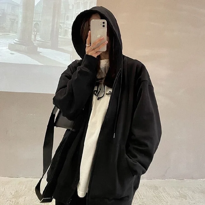 Korean Style Women Zip Hoodie Pure Colour Casual Oversized Hoodie Female Streetwear Y2k Zip Up Hoodie Loose Student Clothes