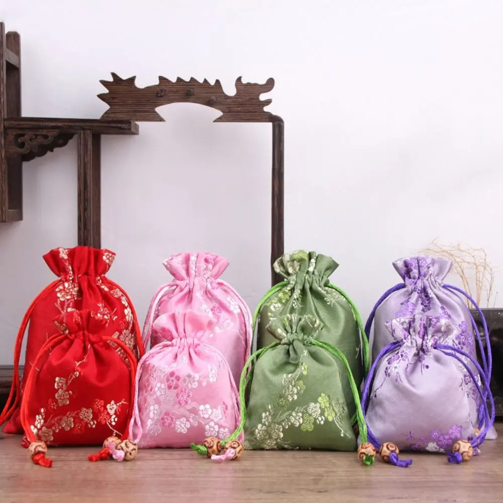 Retro Satin Storage Bag Flower Drawstring Women Sachet Candy Bag Tie Jewelry Packaging Bag Wedding