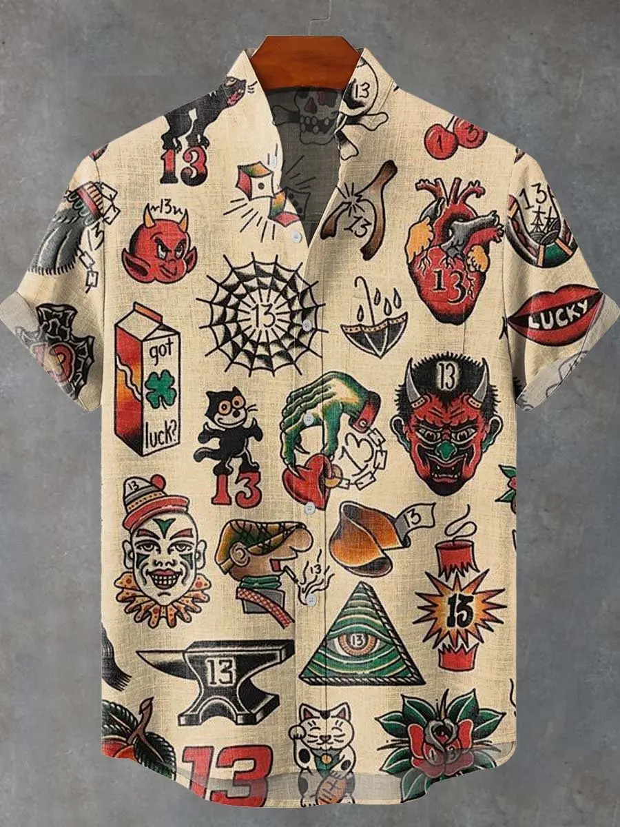 Traditional Retro Tattoo Mask Cat Lucky Icon Pattern Unisex Short Sleeve Blouse Camp Collar Loose Urban Vacation Shirt