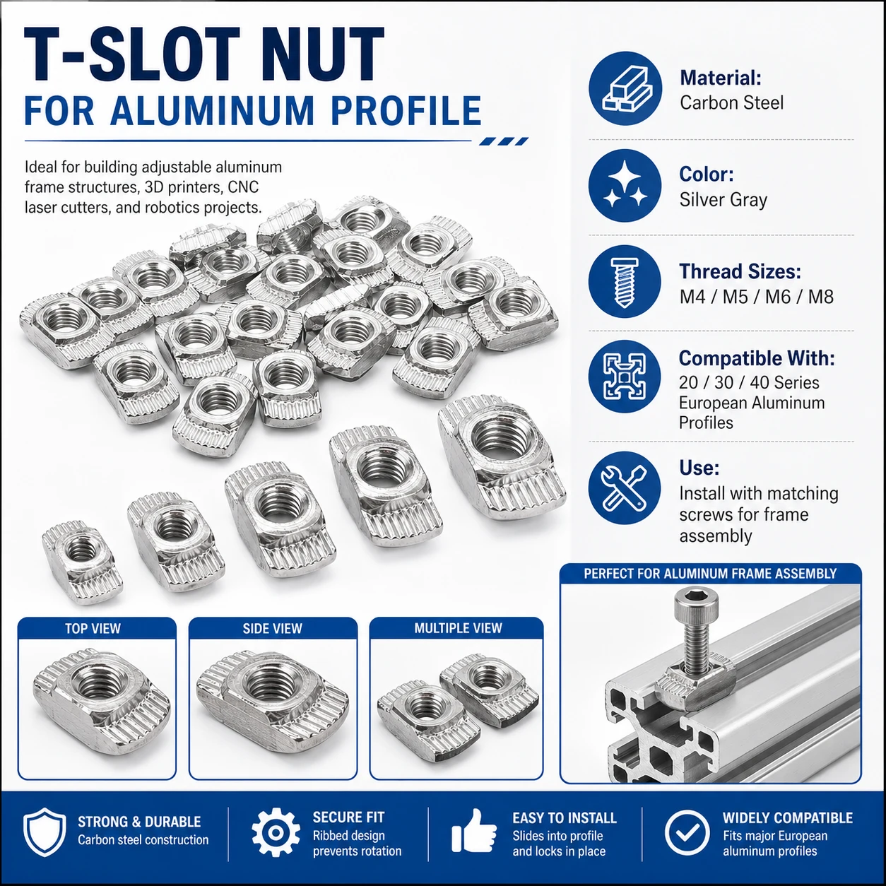 10-20Pcs M4 M5 M6 M8 T-Nut, T Slot Hammer Nut for 2020 3030 4040 Aluminum Profile, Industrial Connector Fastener