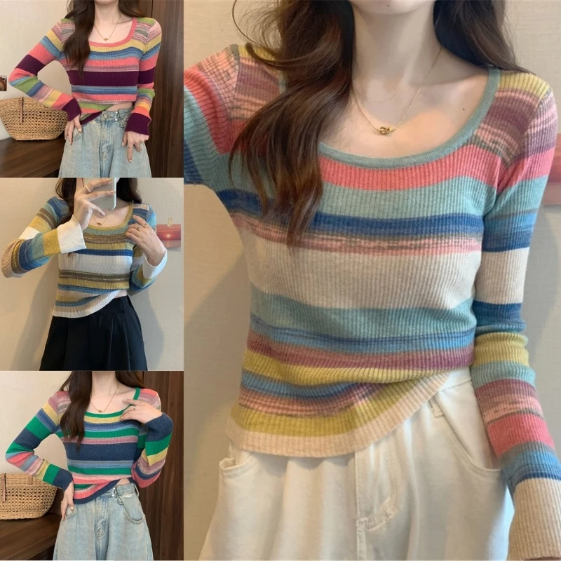 Autumn Spring Long Sleeve Striped Pullover Women Sweater Knitted Sweaters Square-neck Tops Stripe Jumper Female Costume Dropship