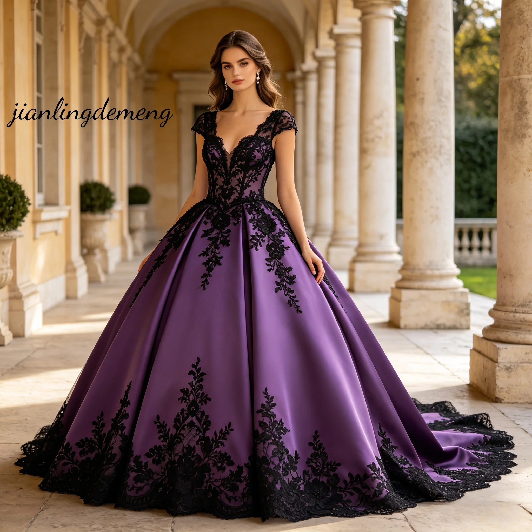 Baroque Regal Purple Black Lace Ball Gown Wedding Dress V Neck Cap Sleeve Royal Bridal Gown Customized