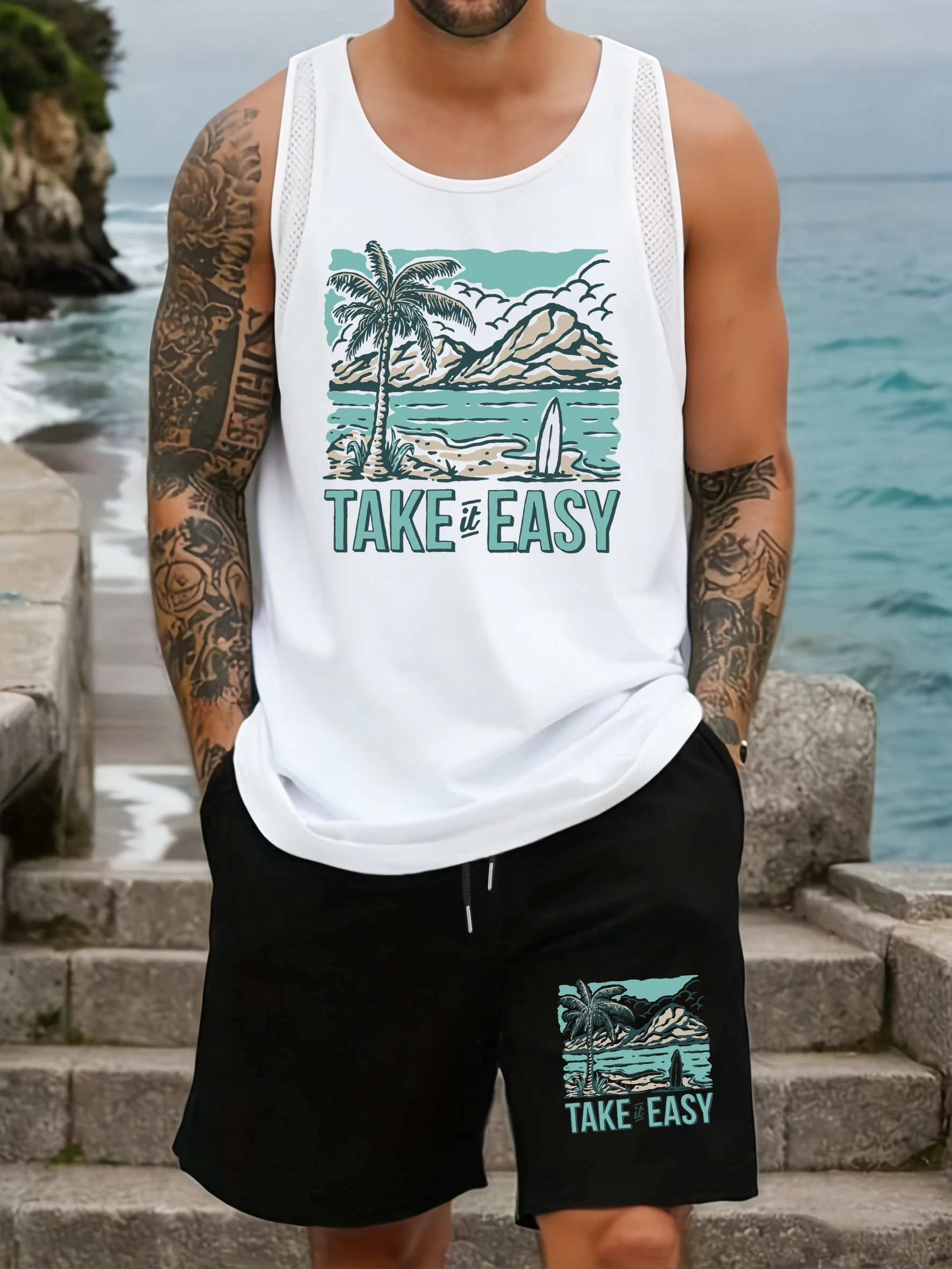 

Take It Easy Beach Coconut Trees Printed Men Mesh Tank Tops Set Sleeveless Gym Vest Summer Wide-Leg Short Pants O-Neck Top Sets