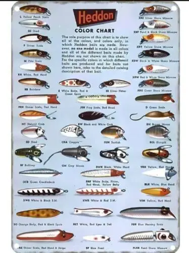 FISHING HEDDON COLOR CHART METAL TIN SIGN FINER FISHING TACKLE WALL ART