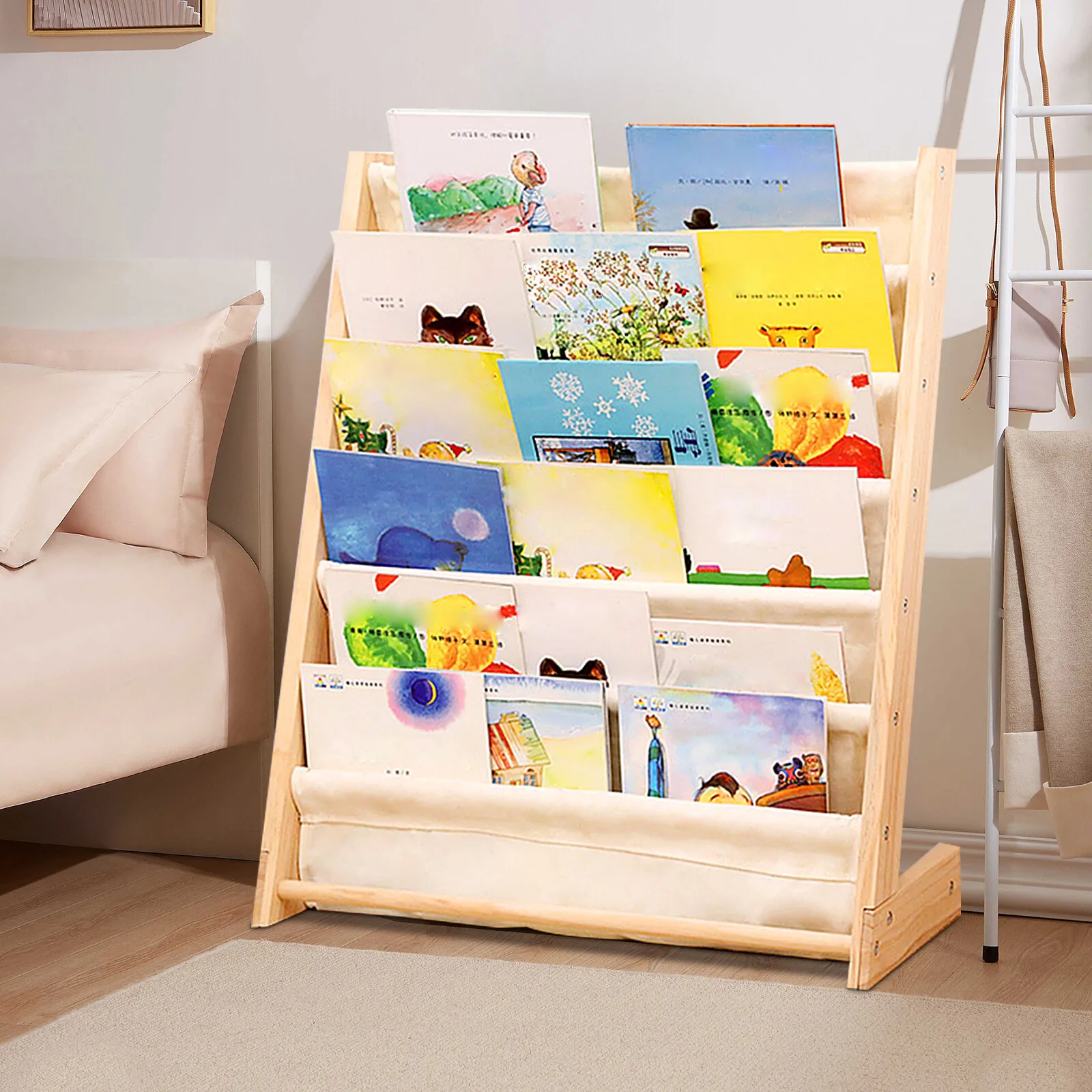 

6 Tiers Kids Book Rack, Wooden Bookcase, Kids Book Shelf, Canvas And Pine Storage Toddler Toy Organizer, For Nursery Bedroom