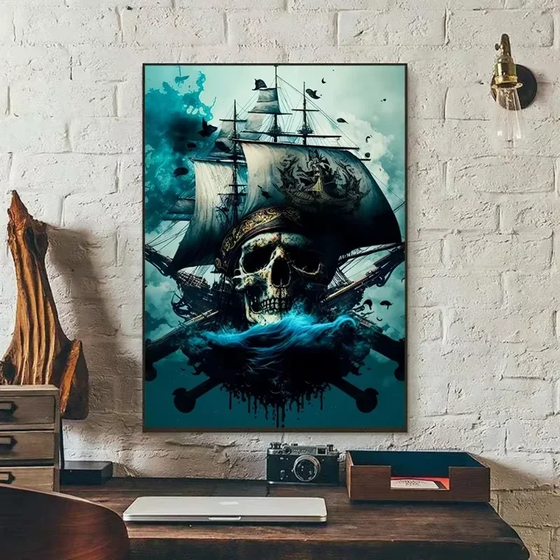 Vintage Skull Pirate Ship Poster Canvas Sea Adverse Weather Painting Prints Wall Art Pictures for Living Room Decor