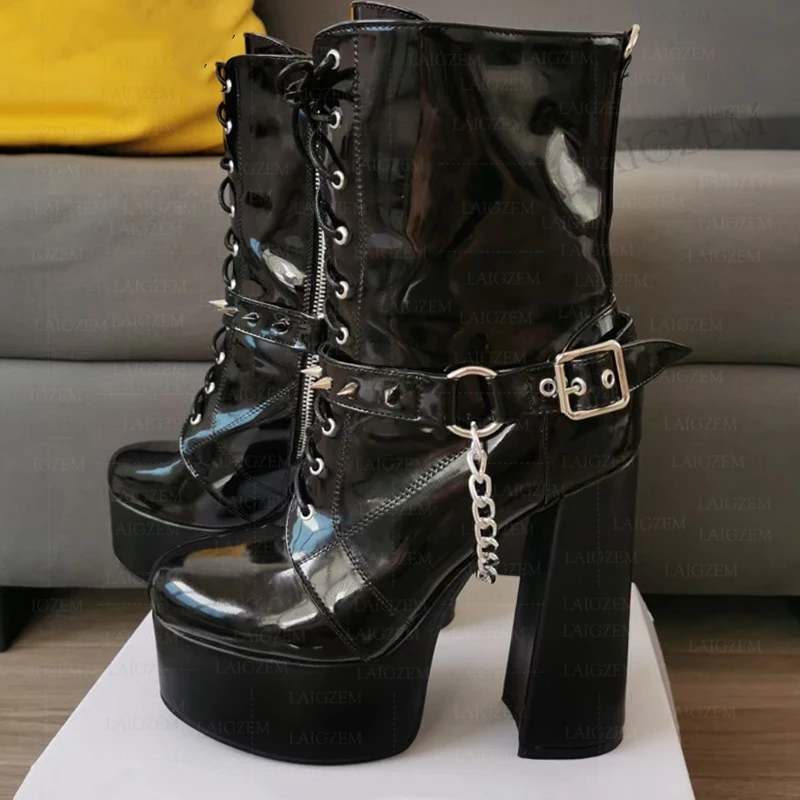 

ZHIMA Women Platform Short Boots Studded Chains Thick High Heels Zip Up Ankle Boots Punk Lady Shoes Woman Large Size 38 41 45 52