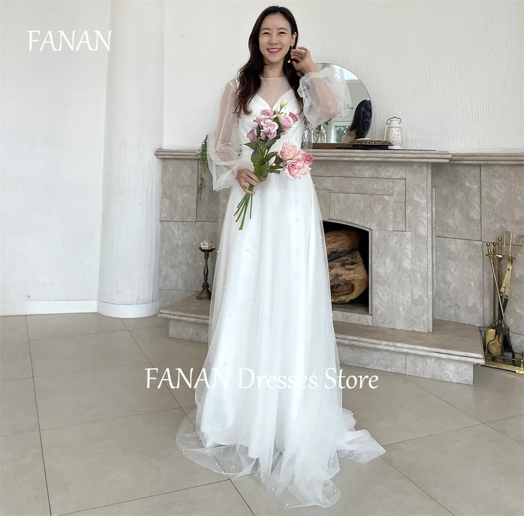 

FANAN Korea Ivory Two Pieces Wedding Dresses Puff Sleeves 웨딩드레스 A-Line Boat Neck Pearls Satin Custom Made Bride Gowns Plus Size