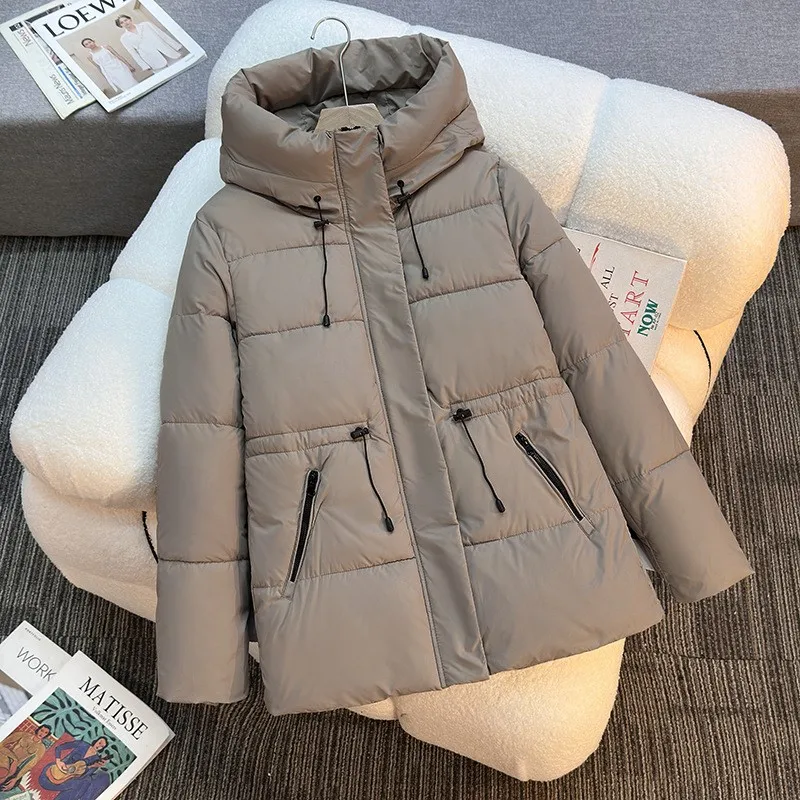 Casual Women's Hooded Drawstring Cotton Jacket Winter Fashion Versatile Zipper Pocket Long Sleeve Solid Warm Streetwear Coat