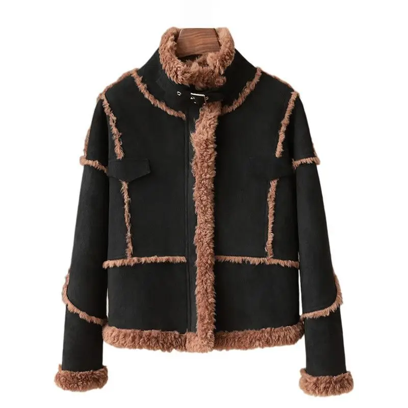 2025 Otoño/Invierno nuevo abrigo de piel de alta calidad para mujer 100% lana granular cuello levantado aspecto adelgazante Top