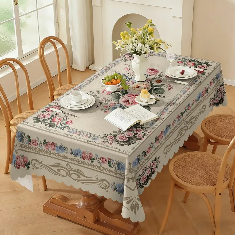 Light beige warm floral tablecloth 1 piece, pink rose and daisy retro country style