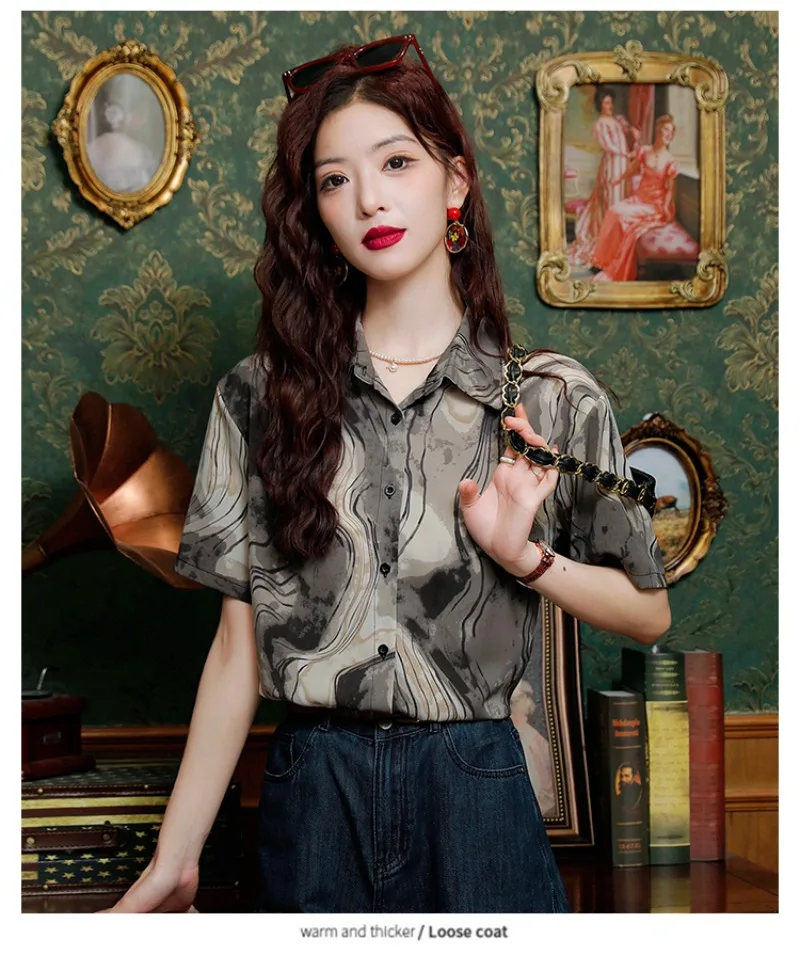 Chiffon Women's Shirt Summer Vintage Blouses Loose Prints Women Tops Short Sleeves Fashion Clothing