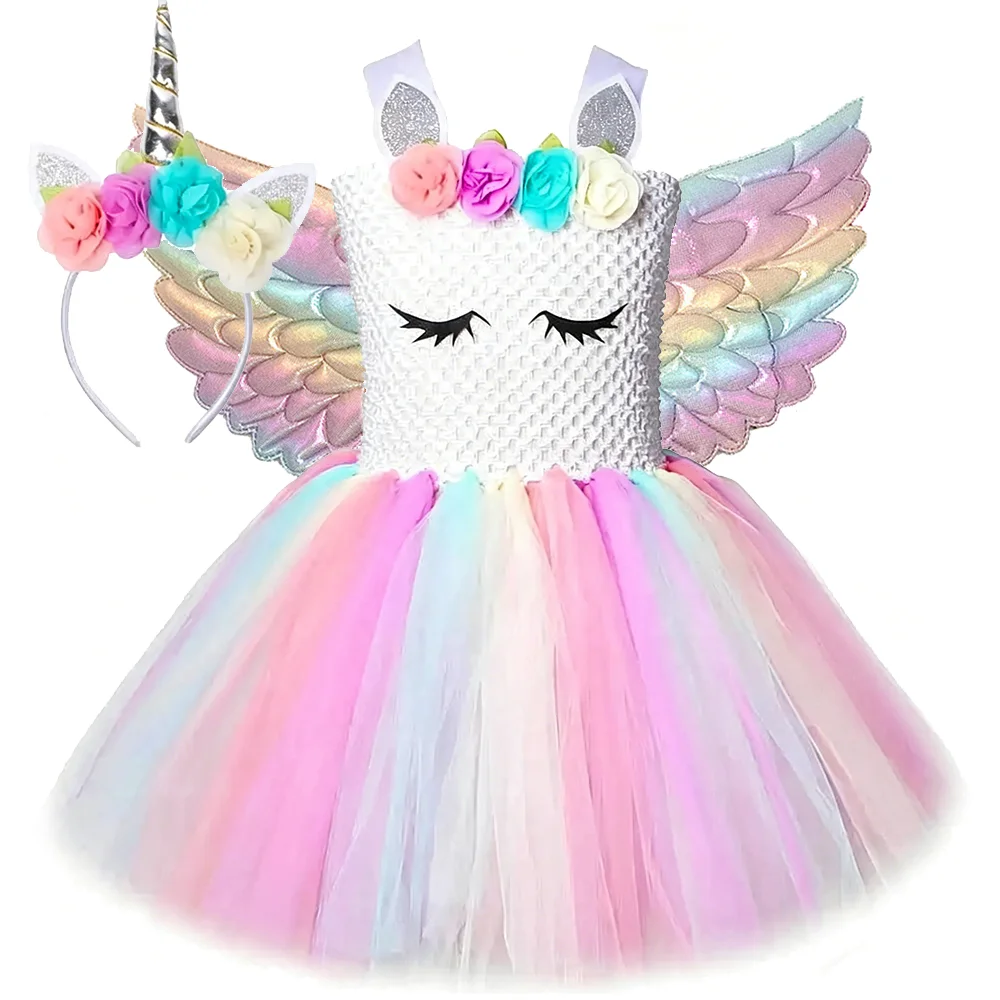 Pastel Flower Unicorn Costume for Girls Tutu Dress with Horns Wings Kids Fairy Tale Horse Outfit for Halloween Carnival Birthday