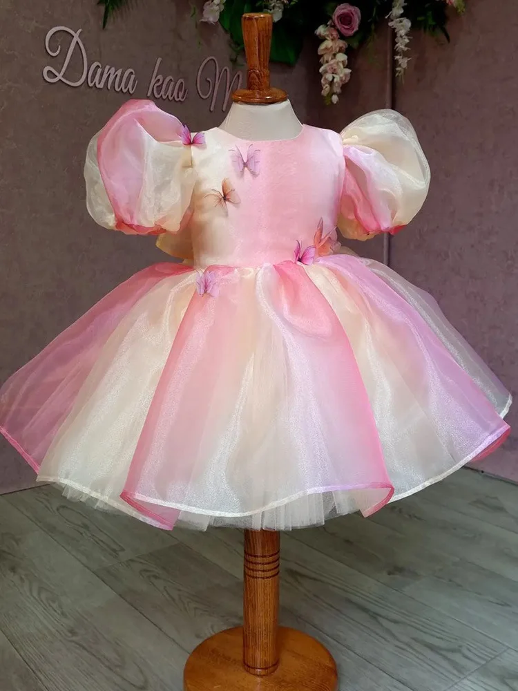 Girls' Dress 2023 New Fashionable Bow Gradual Fluffy Dress Baby Birthday Bubble Sleeve Butterfly Princess Dress Sweet Dress