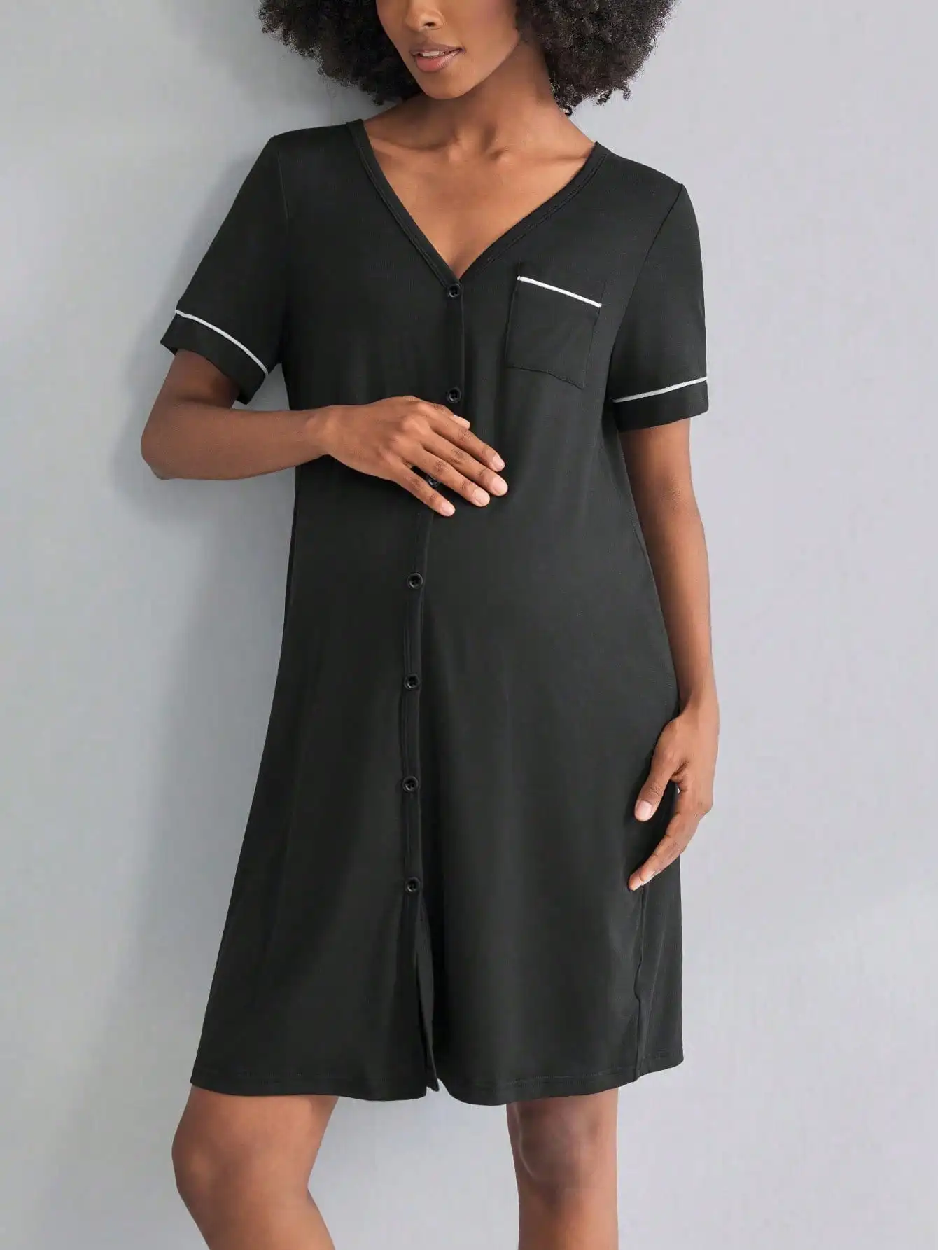 Maternity V-Neck Short Sleeve Button-Front Sleep Dress with Pocket
