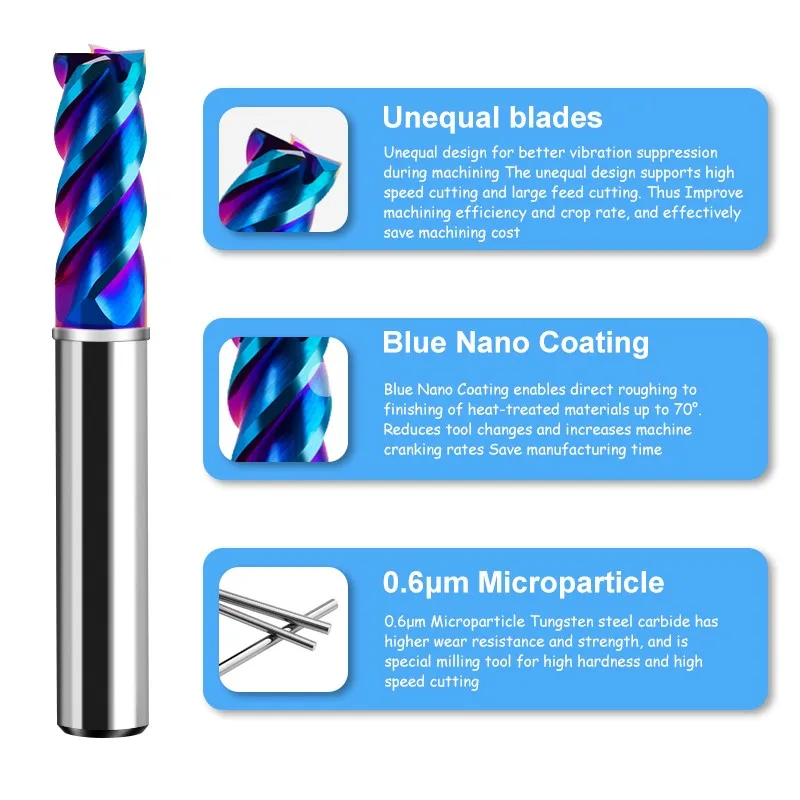 YIFINO Blue Nano Coating 4-Flute Tungsten Steel Carbide Falt Milling Cutter TGA-HRC70 CNC Mechanical Center End Mill Tools